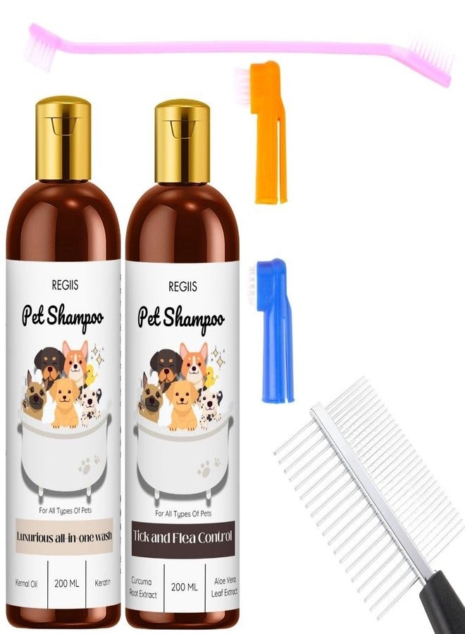REGIIS Pet Shampoo Set with Tick and Flea Control, Luxurious All-in-One Wash, 200ml Bottles, Dog Grooming Kit with Brushes and Comb(Pack of 4) - Image 1